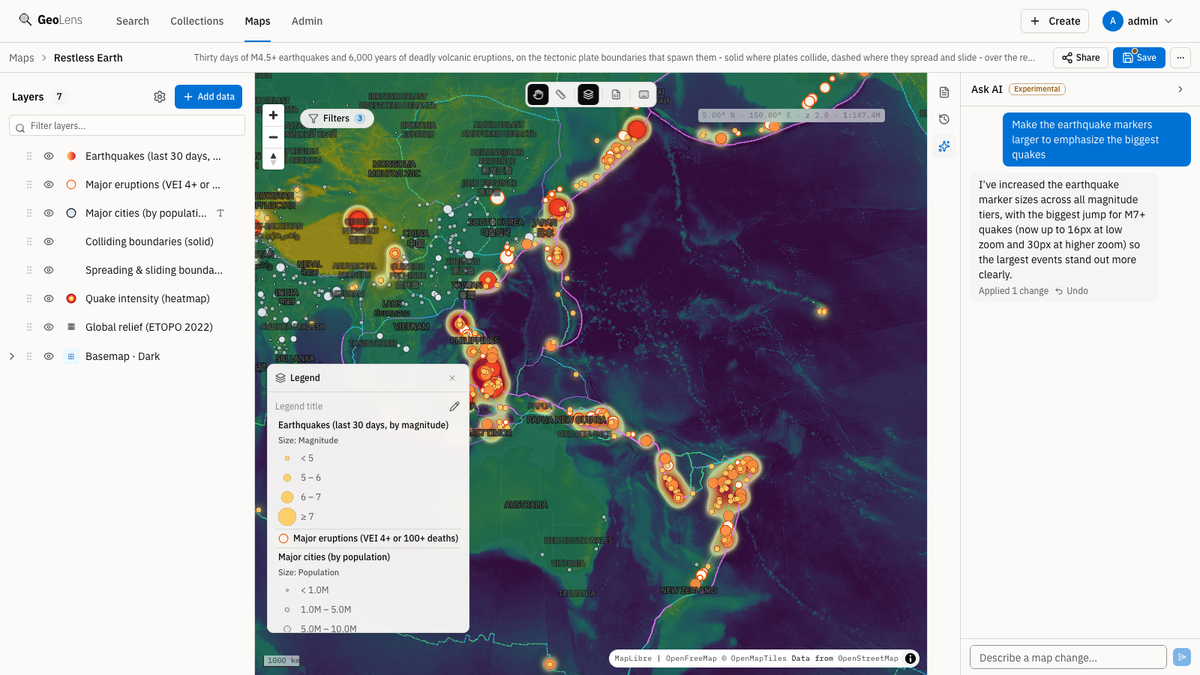 GeoLens "Ask AI" assistant panel open beside the "Restless Earth" tectonics map, showing a plain-language request to enlarge the earthquake markers and the assistant's confirmation that it applied the change