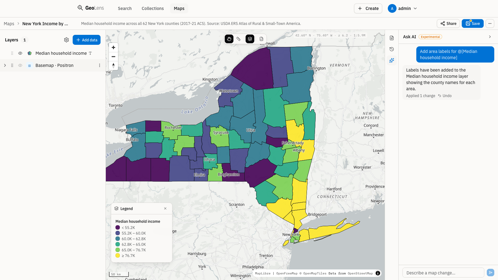 GeoLens AI assistant panel open over a New York income-by-county choropleth, showing a natural-language map edit applied to the layer