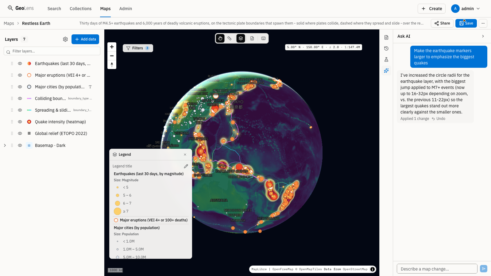 Panel del asistente "Ask AI" de GeoLens abierto junto al mapa tectónico "Restless Earth", mostrando una solicitud en lenguaje natural para agrandar los marcadores de terremotos y la confirmación del asistente de que aplicó el cambio