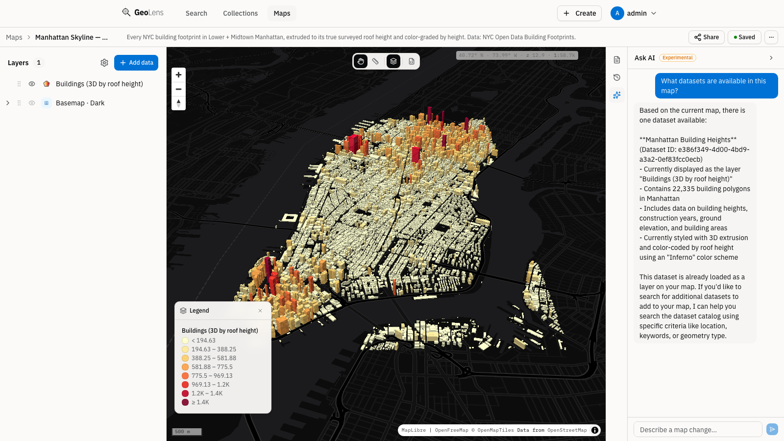 Panneau de l’assistant « Ask AI » de GeoLens ouvert à côté d’une carte 3D des hauteurs de bâtiments de Manhattan, montrant une requête en langage naturel et la réponse de l’assistant