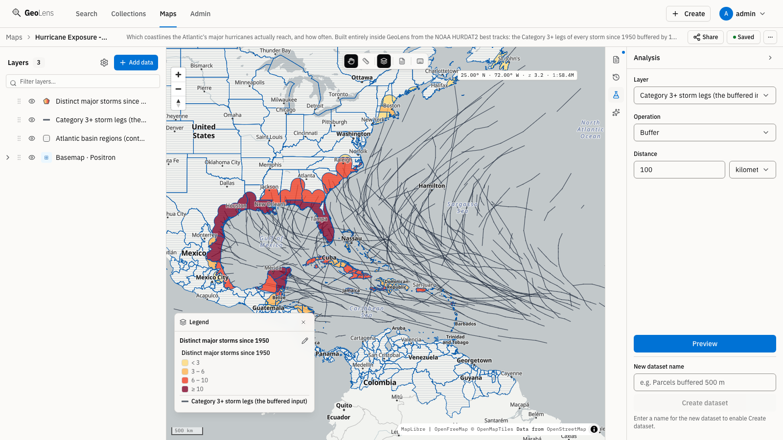 Constructor de mapas de GeoLens sobre el mapa de exposición a huracanes con el panel de análisis abierto: una operación de buffer configurada sobre la capa de trayectorias de tormentas, junto a una coropleta costera de cuántos huracanes mayores alcanzan cada región