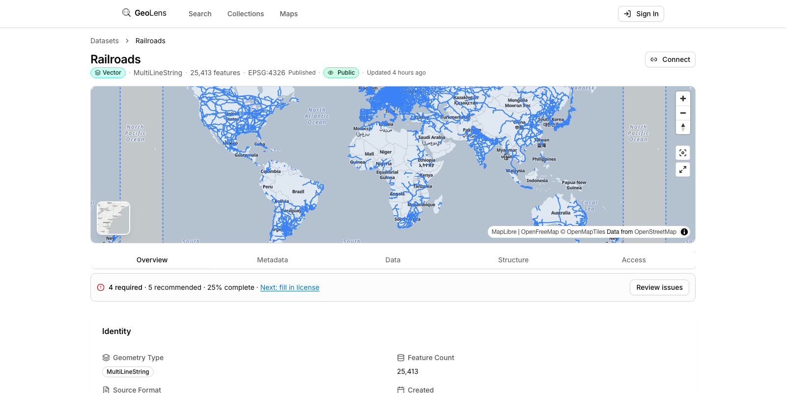 GeoLens dataset detail page post-ingest showing metadata fields, geometry type, feature count, and an extent thumbnail
