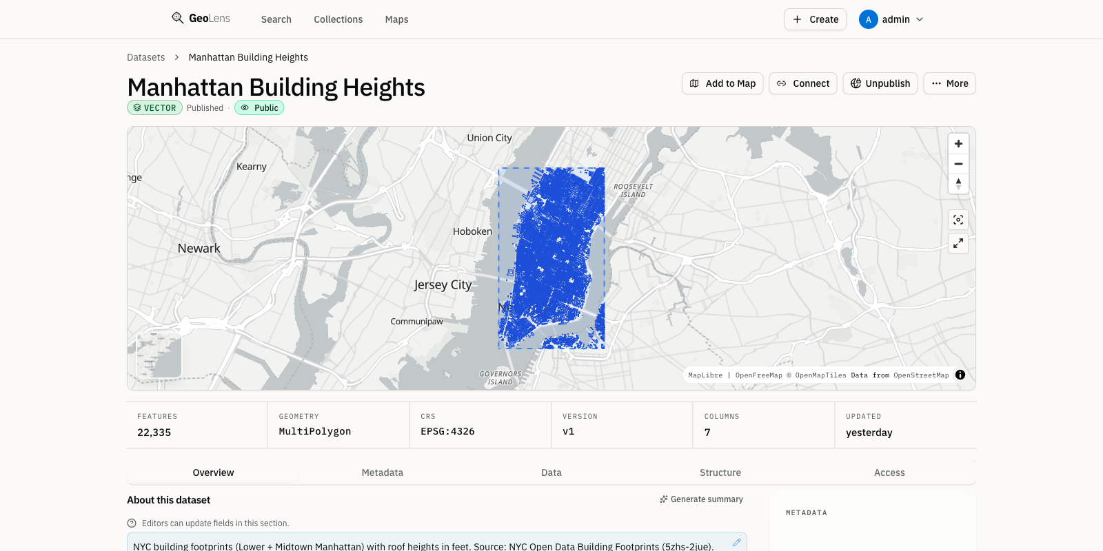GeoLens dataset detail page post-ingest showing metadata fields, geometry type, feature count, and an extent thumbnail