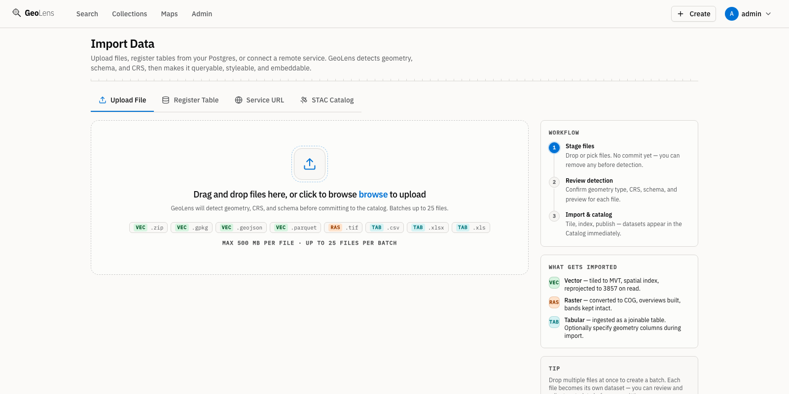 Página de detalle de dataset de GeoLens después de la ingesta con metadatos, tipo de geometría, conteo de entidades y miniatura de extensión