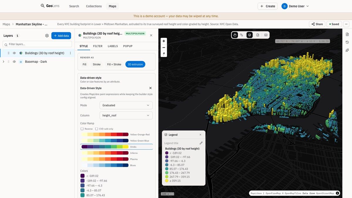 GeoLens map builder rendering a 3D view of the Manhattan skyline: buildings extruded and colored by real roof height over a dark basemap, with the layer panel