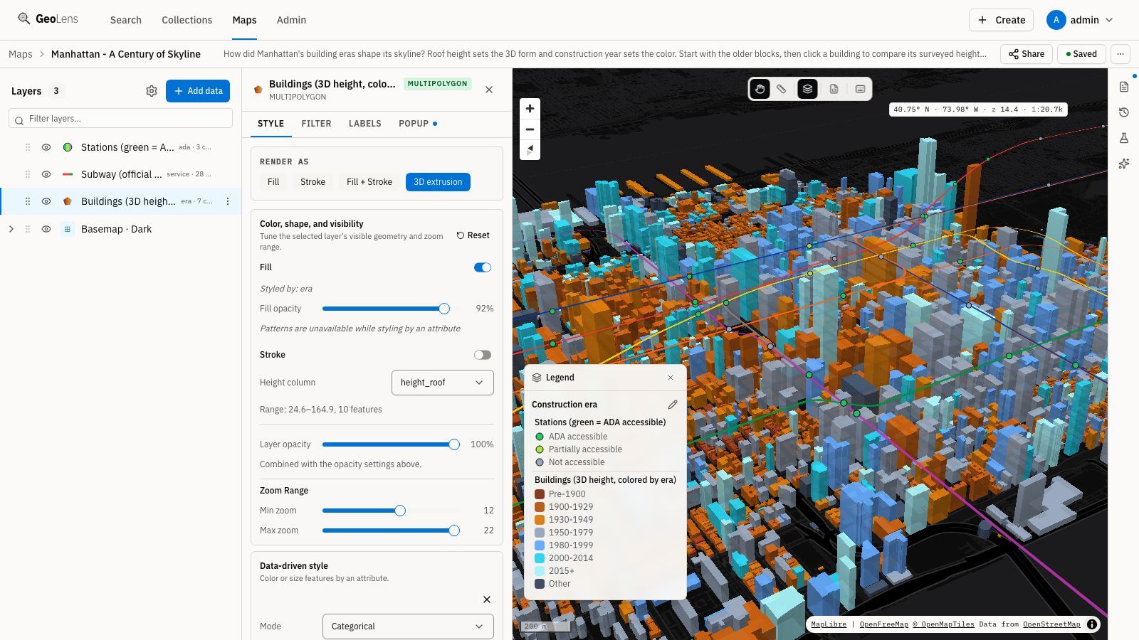 GeoLens map builder rendering a 3D view of the Manhattan skyline: every building extruded to its true height and colored by the era it was built, over a dark basemap, with the drag-orderable layer stack and the style editor open