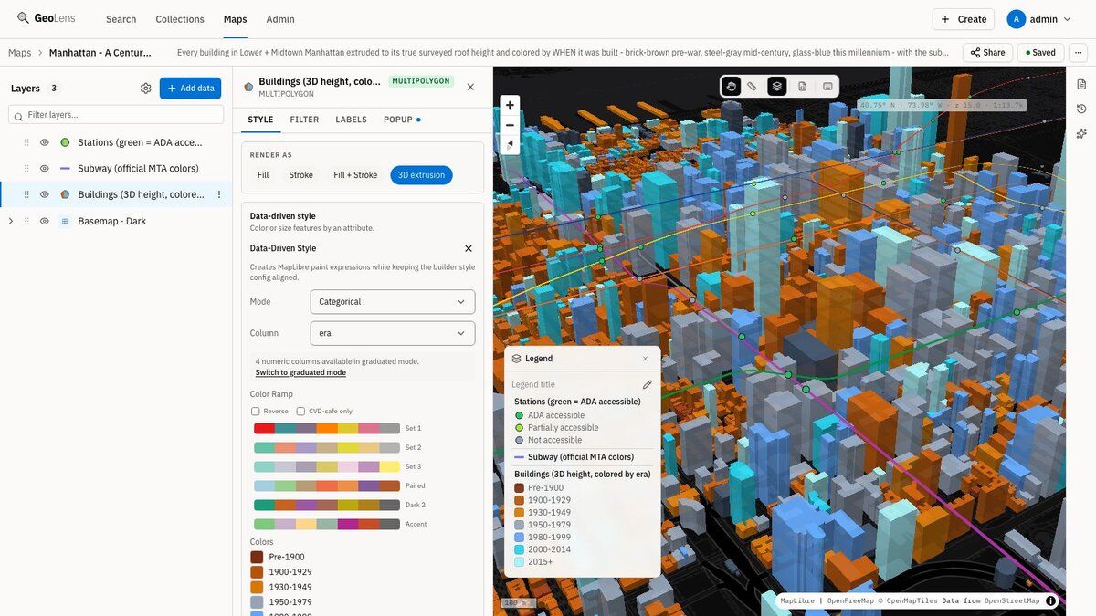 GeoLens map builder rendering a 3D view of the Manhattan skyline: every building extruded to its true height and colored by the era it was built, over a dark basemap, with the drag-orderable layer stack and the style editor open