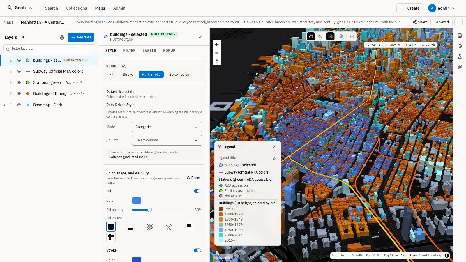 Constructor de mapas de GeoLens renderizando una vista 3D del horizonte de Manhattan: cada edificio extruido a su altura real y coloreado según la época en que se construyó, sobre un mapa base oscuro, con la pila de capas reordenable y el editor de estilo abierto