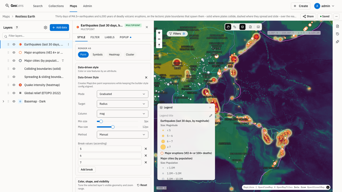 GeoLens map builder showing the multi-layer "Restless Earth" map — earthquakes, volcanic eruptions, tectonic plate boundaries, and a quake-intensity heatmap over global relief — with all seven layers in the stack and the earthquake style editor open