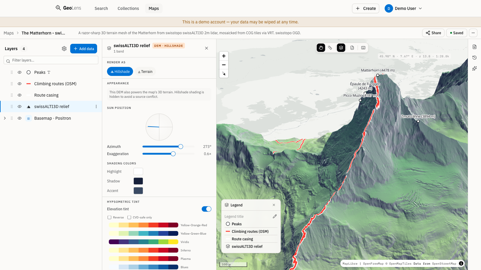 GeoLens map builder showing a 3D terrain map of the Matterhorn (labeled peaks and climbing routes over shaded relief) with the layer stack on the left and the layer style editor open