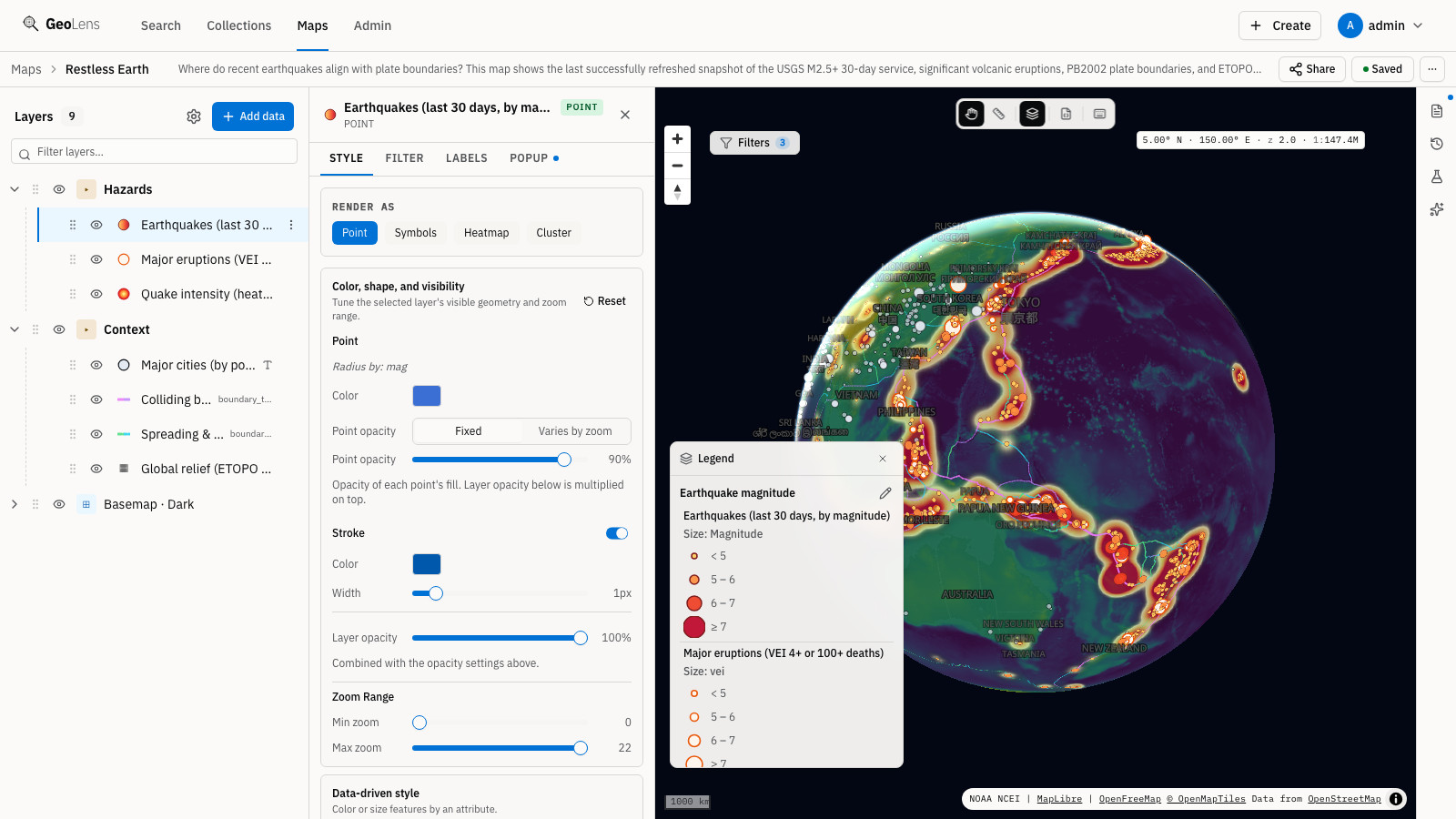 GeoLens map builder showing the multi-layer "Restless Earth" map — earthquakes, volcanic eruptions, tectonic plate boundaries, and a quake-intensity heatmap over global relief — with its seven layers grouped under Hazards and Context in the stack and the earthquake style editor open