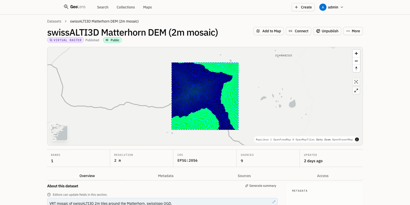 Page de détail de dataset GeoLens pour le swissALTI3D Matterhorn DEM — une mosaïque Virtual Raster assemblée à partir de 9 tuiles sources — avec le badge Virtual Raster, le nombre de sources et un aperçu d’élévation avec palette de couleurs