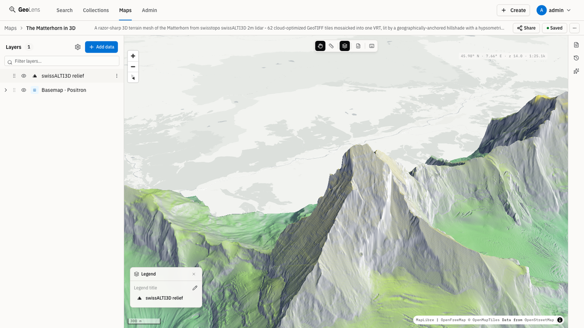 GeoLens map builder rendering the Matterhorn as a 3D terrain mesh — a Virtual Raster mosaic of dozens of swissALTI3D COG tiles served as tiles via Titiler — with labeled peaks, climbing routes, the layer stack, and a legend