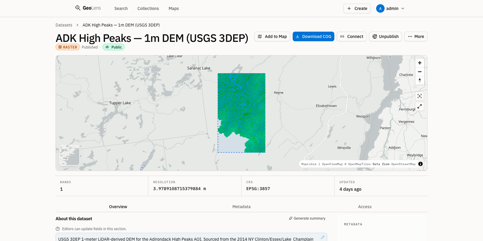 GeoLens dataset detail page for a 1-metre elevation raster (USGS 3DEP DEM) of the Adirondack High Peaks, showing raster metadata, band count, and an elevation colormap preview