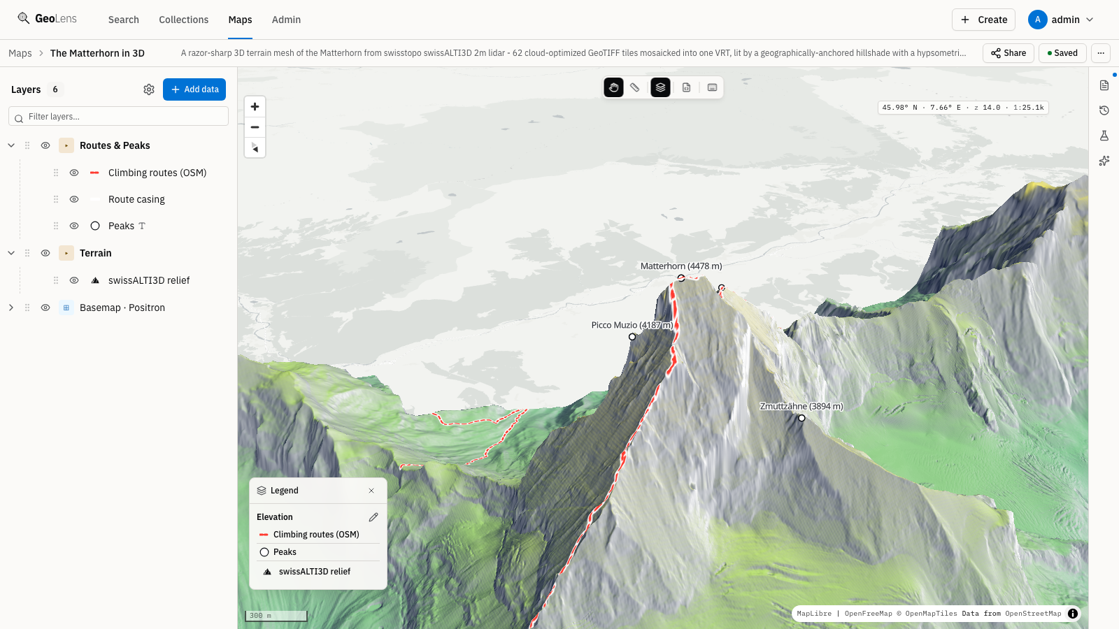 Constructor de mapas de GeoLens renderizando el Matterhorn como una malla de terreno 3D — un mosaico Virtual Raster de decenas de teselas COG de swissALTI3D servidas como teselas mediante Titiler — con cumbres etiquetadas, rutas de escalada, la pila de capas y una leyenda