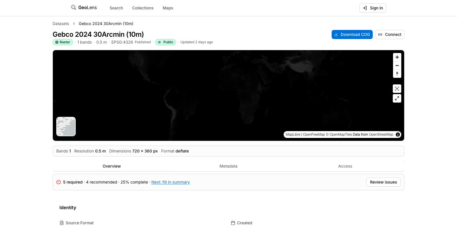 GeoLens dataset detail page for a GEBCO bathymetry raster showing raster metadata, type badge, and colormap preview
