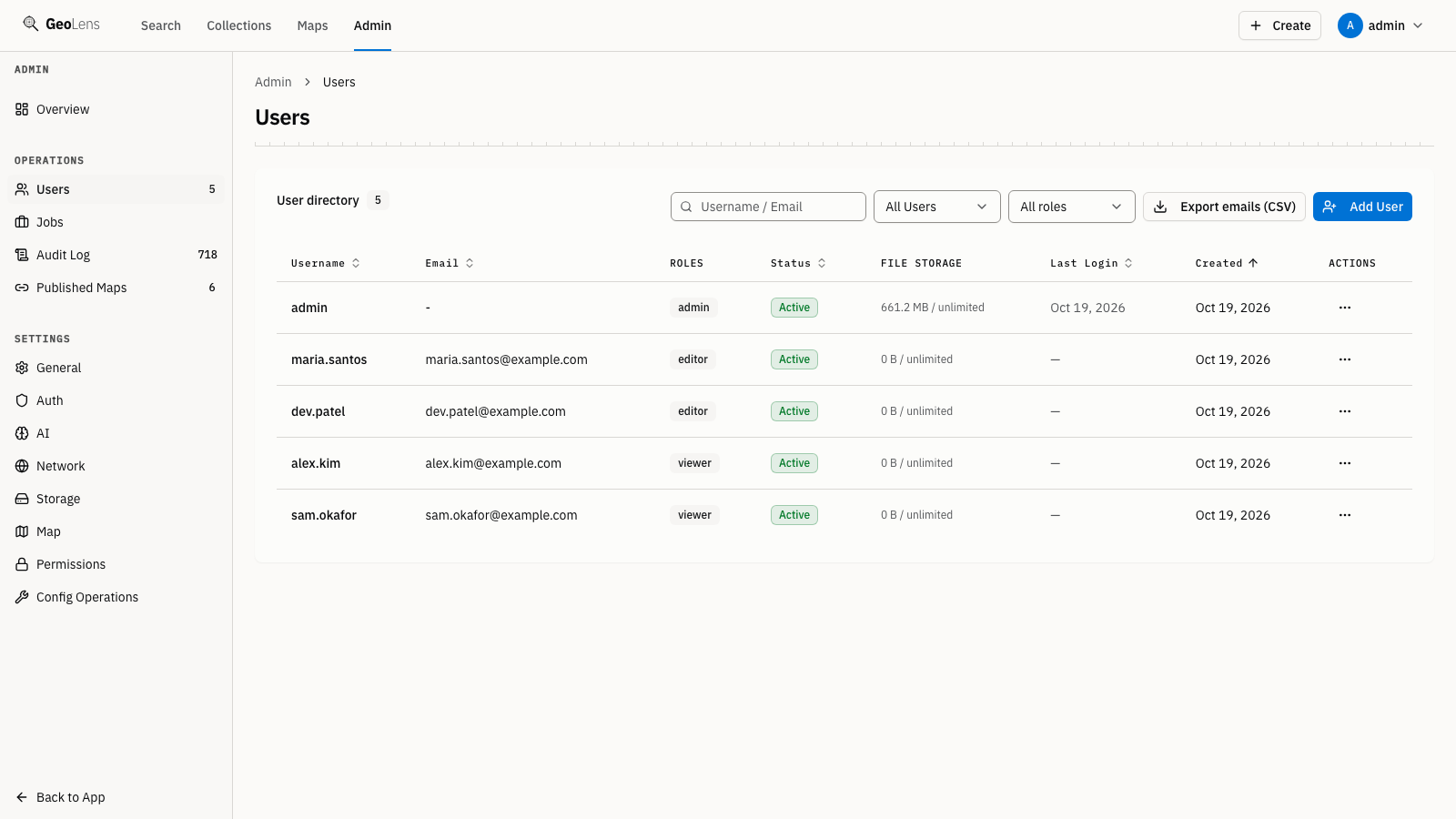 GeoLens admin users page listing an admin, two editors, and two viewers with their email, role, status, file storage, last login, and a per-user actions menu