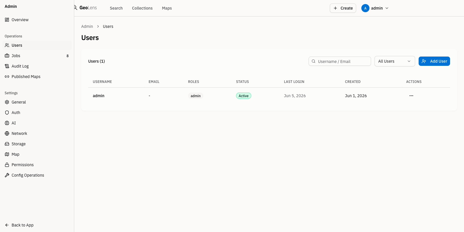 GeoLens admin users page showing the user list with role assignments, approval status, and per-user actions