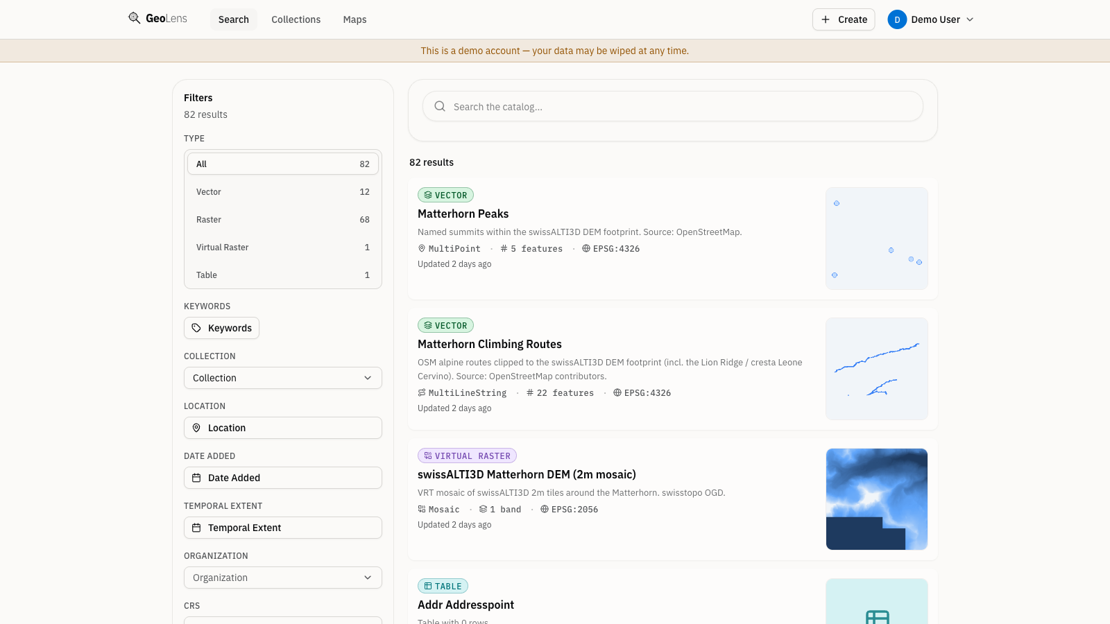 GeoLens catalog search page showing dataset cards beside a faceted filter sidebar: record type (vector, raster, virtual raster, table), keywords, geometry type, and spatial extent