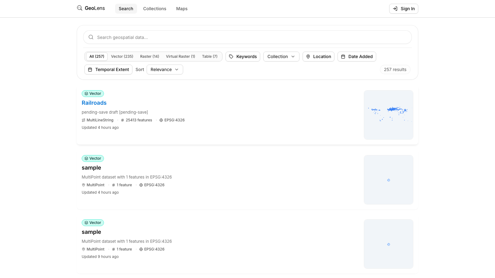 GeoLens catalog search page showing dataset cards with filter tabs for vector, raster, and table types