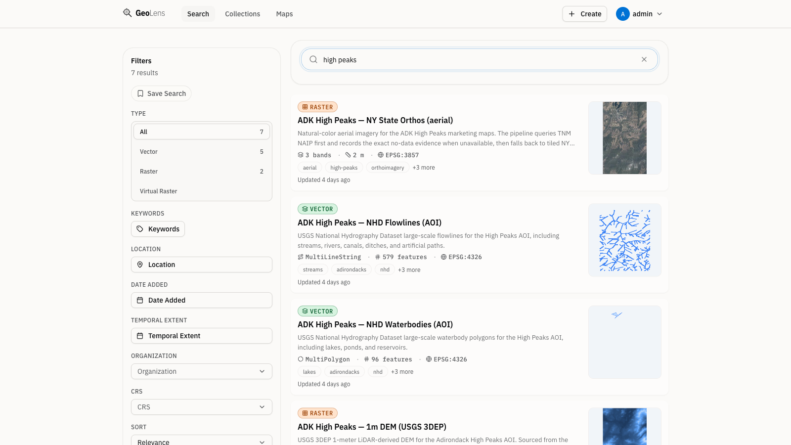 GeoLens catalog search page showing dataset cards with filter tabs for vector, raster, and table types