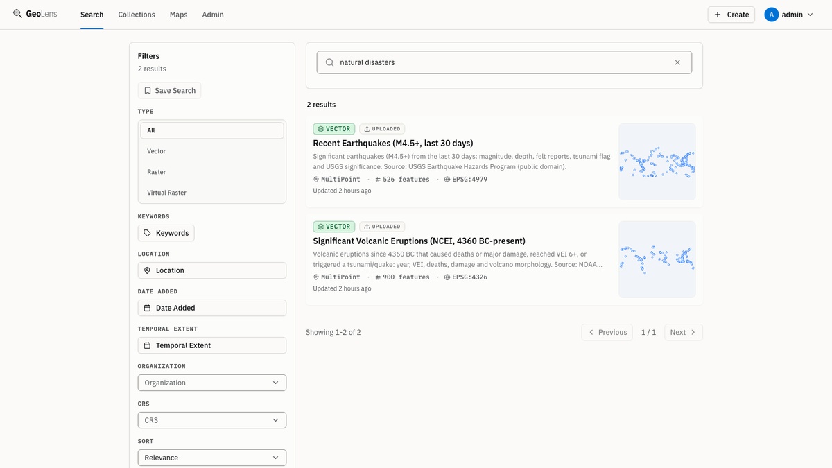 GeoLens catalog search page showing dataset cards beside a faceted filter sidebar: record type (vector, raster, virtual raster, table), keywords, geometry type, and spatial extent